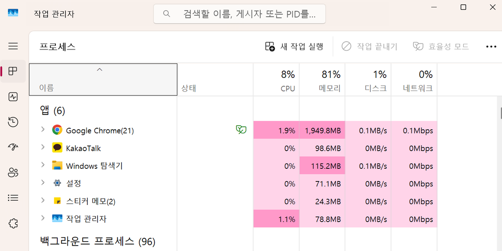 Windows 작업 관리자에서 실행 중인 프로그램 확인